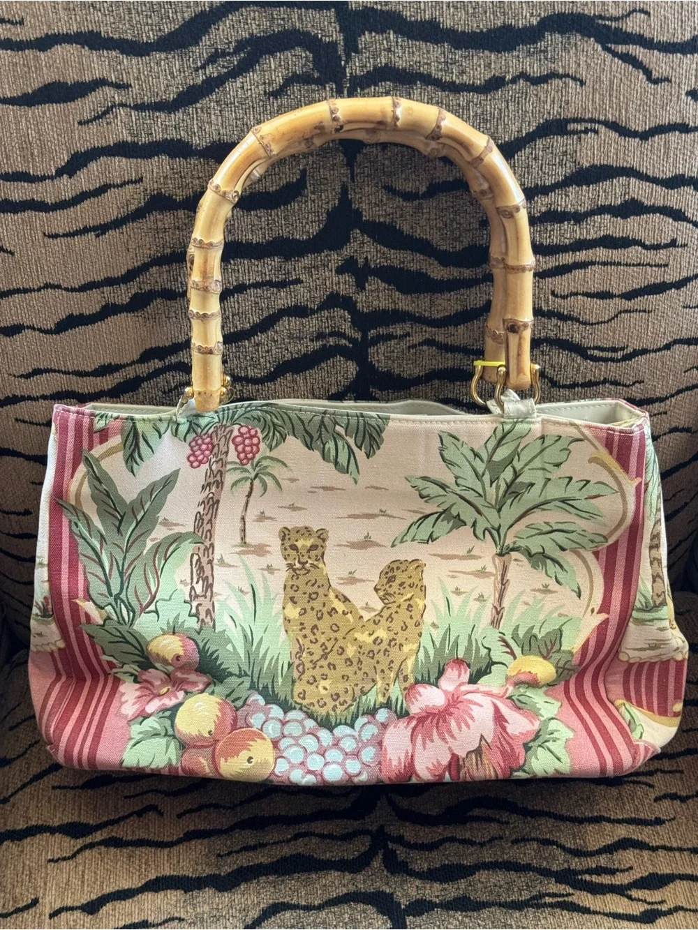 Tropical Floral Canvas Tote with Bamboo Handles - Pink & Green